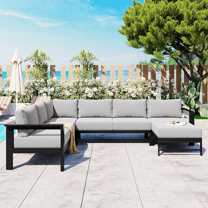 GDFStudio U-Shaped Outdoor Patio Furniture Set for 6, Iron Frame Patio Sectional Sofa with Thick Cushions, All Weather Modular Outdoor Couch Seating for Backyard Garden Balcony Deck Poolside, Grey