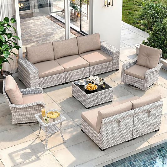 9 Piece Outdoor Patio Furniture Set with Swivel Chairs, 7-Seats Wicker Sectional Sofa Set with Thickened Cushions & Coffee Table for Garden, Backyard, Porch, Beige