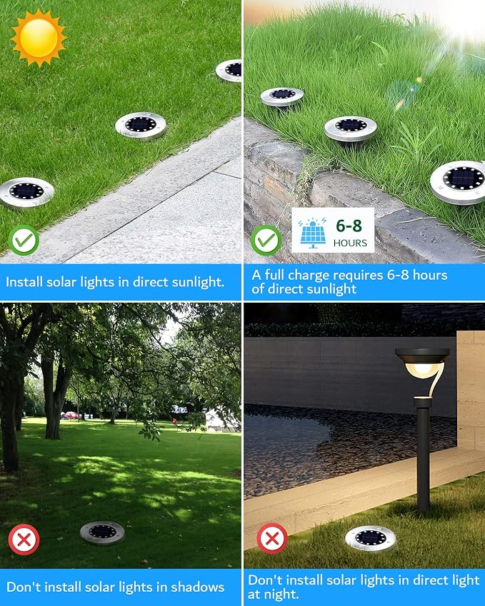 Biling Solar Ground Lights Outdoor Bright Waterproof 12 Pack White | Flat 12 LEDs Solar Lights Outdoor Longevity, Easy To Assemble and Use, for Yard Walkway Garden Driveway