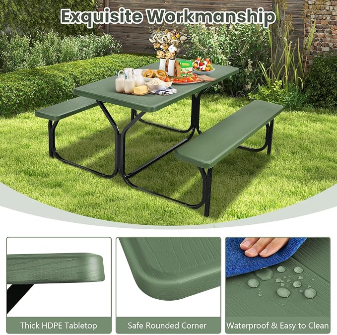 Picnic Table, Camping Portable Picnic Table Bench Set for 4 Persons, Heavy-Duty Steel Frame & Resin Tabletop, All Weather Outdoor Picnic Tables for Patio Travel BBQ Party Garden (Green)