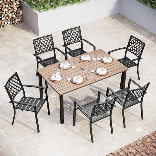 Sophia & William Patio Table and Chairs Set, Outdoor Dining Set for 6, 7 Piece Metal Patio Furniture, 60" Rectangular Table with Wood-Like Tabletop(Diamond)