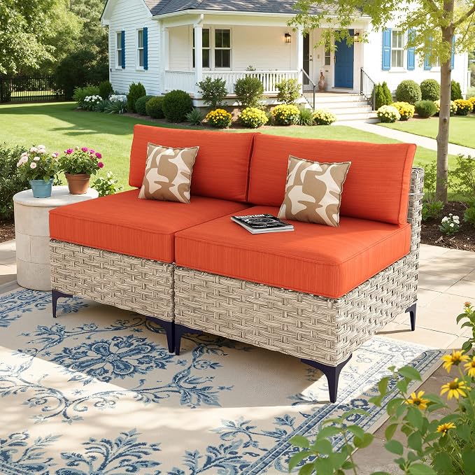 2 Pieces Patio Sectional Furniture Set, Outdoor Wicker Sectional Couch Middle Seats, Modern Conversation Set for Porch Balcony Backyard, Orange
