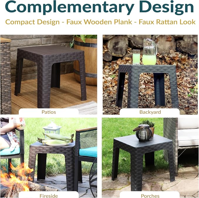 Sunnydaze Adirondack Small Outdoor Side Table for Balcony Essentials - Plastic Square End Table for Outside Patio - Brown - Set of 2