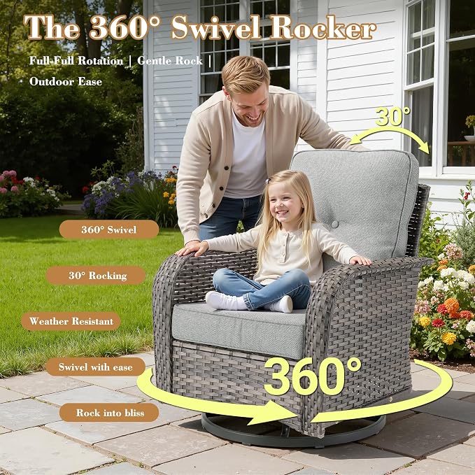 3 Pieces Patio Furniture Set, High Back Outdoor Swivel Rocker Chairs, Wicker Outdoor Furniture with Swivel Rocking Chairs and Side Table for Porch, Backyard, Balcony, Dark Grey