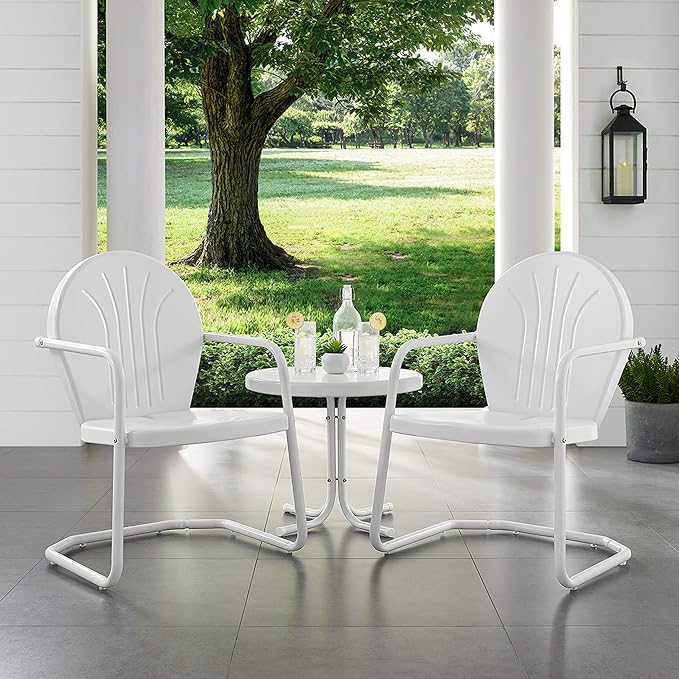 Crosley Furniture Griffith 3-Piece Outdoor Chair and Side Table Set, Retro Metal Bistro Patio Sets for Porch, White
