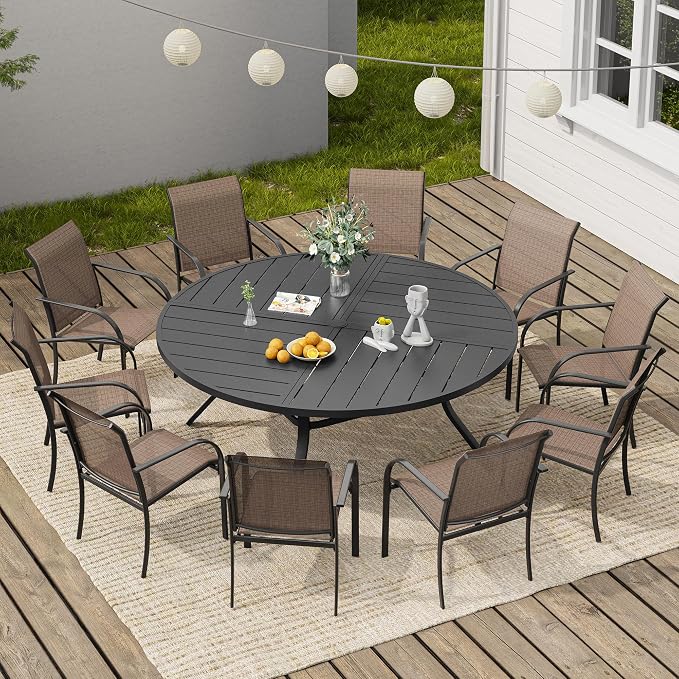 VICLLAX 11 Pieces Round Patio Dining Set, Patio Furniture Set of 10 Patio Stackable Dining Chairs and 63" Outdoor Spliced Tabletop with Umbrella Hole, Brown Chairs and Black Table