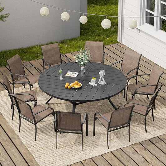 VICLLAX 11 Pieces Round Patio Dining Set, Patio Furniture Set of 10 Patio Stackable Dining Chairs and 63" Outdoor Spliced Tabletop with Umbrella Hole, Brown Chairs and Black Table