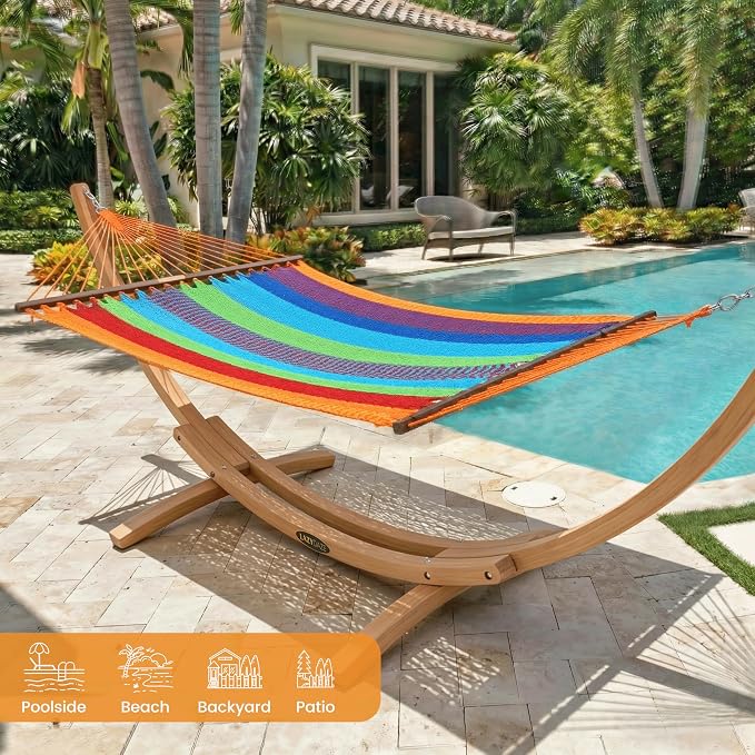 Lazy Daze Hammocks 2 Person Caribbean Rope Hammock with Wood Stand, 10.5FT Polyester Hammock with Spreader Bars, 13FT Heavy Duty Stand Combo, 450 LBS Capacity for Outdoor Backyard Poolside, Multicolor