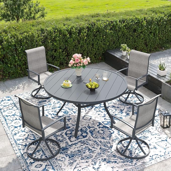 DIFY 5 Piece Outdoor Patio Dining Set for 4, 47.2" Round Metal Dining Table and Swivel Patio Chairs with Padded Textilene, All-Weather Outdoor Furniture Set for Garden Backyard Porch, Grey