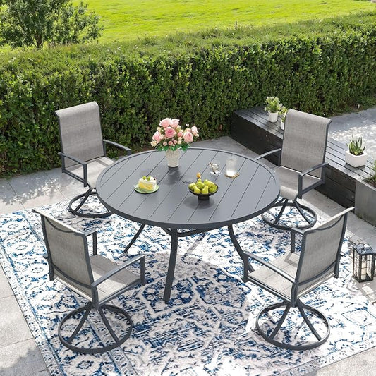DIFY 5 Piece Outdoor Patio Dining Set for 4, 47.2" Round Metal Dining Table and Swivel Patio Chairs with Padded Textilene, All-Weather Outdoor Furniture Set for Garden Backyard Porch, Grey