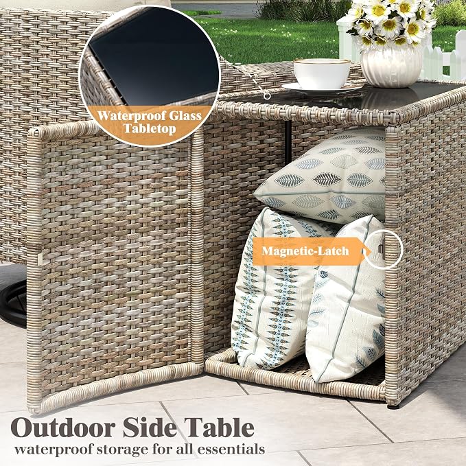 LUXOAK 8-Piece Wicker Patio Furniture Set, Curved Sectional Sofa with 2 Storage Side Tables, All-Weather Outdoor Conversation Set with 6" Armrests & Thick Cushions, for Backyard/Garden/Deck