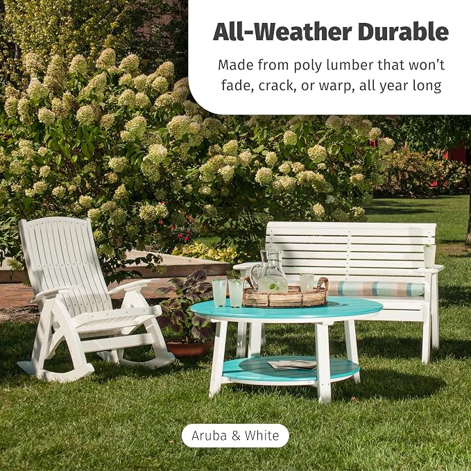 LuxCraft Deluxe Poly Round Outdoor Coffee Table, Two Tier Coffee Table, Round Conversation Tables for Outside Patio with Lower Shelf - Amish Made in USA (White)