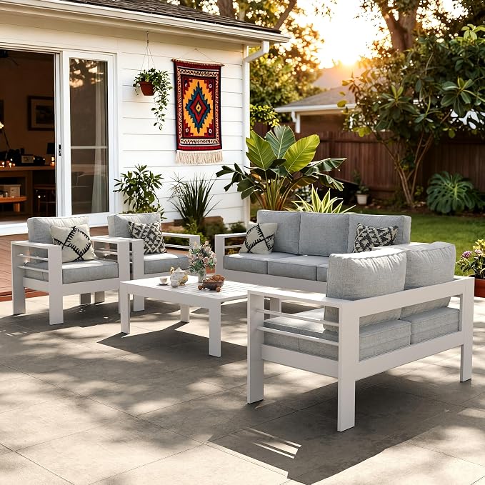 LayinSun Outdoor Aluminum Furniture Set, 5 Pieces Patio Sectional Conversation Chat Sofa Modern Seating Set with Coffee Table