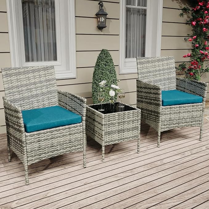 GarveeLife 3 Piece Patio Furniture Set, Rattan Outdoor Furniture with 2 Chairs & Coffee Table, Modern Outdoor Seating Conversation Bistro Set for Garden Backyard Porch (Grey and Peacock Blue)