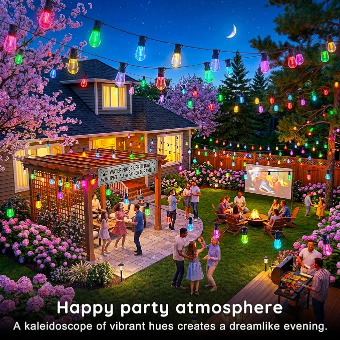 300FT RGB+IC Outdoor String Lights, Dimmable Shatterproof LED Bulbs, IP67 Waterproof DreamColor Chasing Lights, Multicolor Dynamic Lighting for Patio Balcony Garden & Outdoor Living Area Decoration