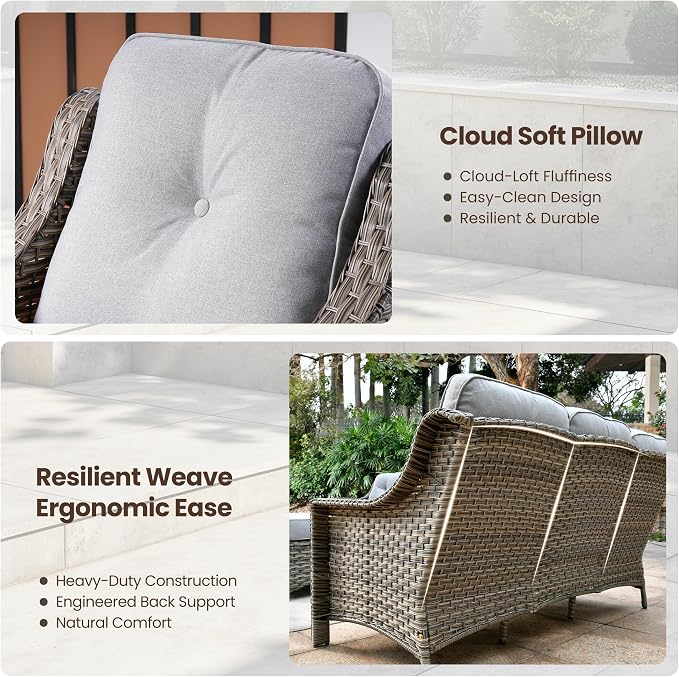 4 Piece Outdoor Patio Furniture Set, All Weather Waterproof Wicker High Back Conversation Set, Two Single Chairs, Solar Light Coffee Table, Outside Furniture for Porch Balcony, Light Grey