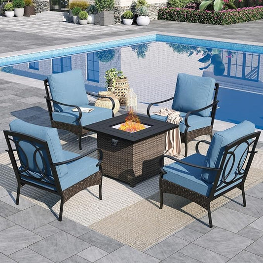 Sophia & William Patio Furniture Set with Fire Pit Table, 5 PCS Metal Outdoor Conversation Set Sofa Couch with Fire Pit Table, 4 Sofa Chairs for Outdoor Seating,Backyard,Porch(Navy)
