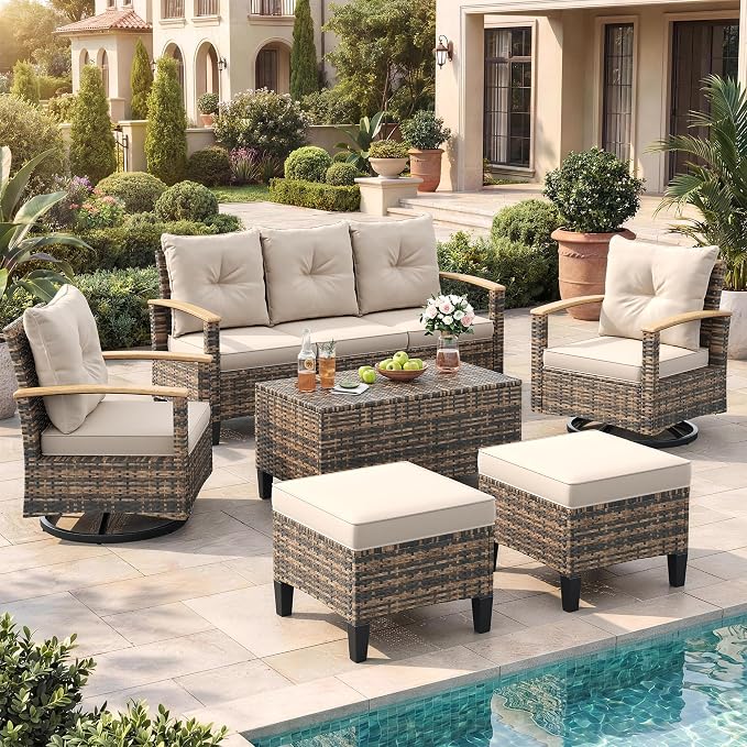 UDPATIO Patio Furniture Set with Swivel Chairs, 6 Pieces Outdoor Wicker Conversation Set with Storage Table for Lawn, Porch, Garden, Backyard, Khaki
