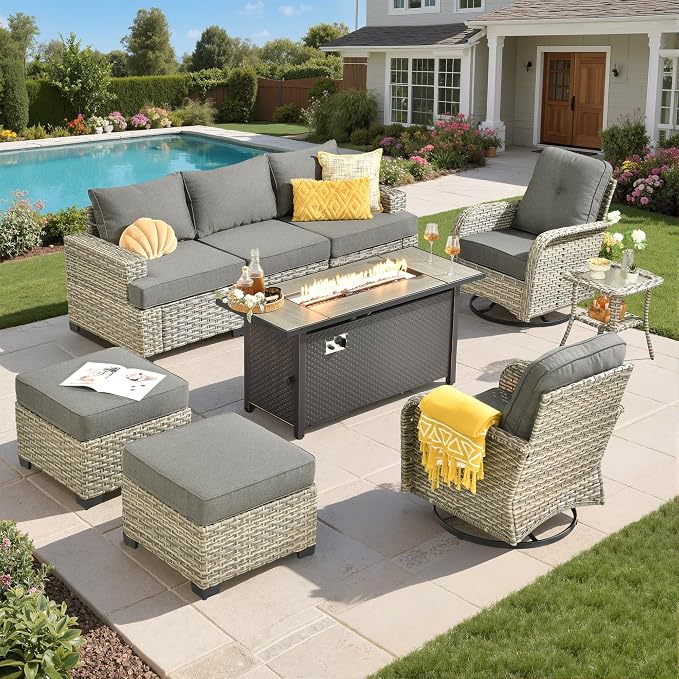 Wicker Patio Furniture Set with Fire Pit Table,9 Pieces Outdoor Sectional with Swivel Chairs Ottoman,Out Door Furniture Conversation Set,Dark Grey