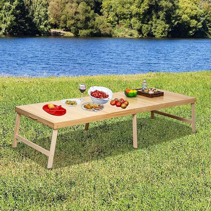 Foldable Boho Wooden Picnic Table, No Assembly Required Portable Outdoor Indoor Low Picnic Table for Floor Seating, Beach, Camping, BBQ, Backyard, 80" x 30", Seats 8–10 People