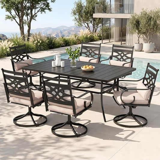 PHI VILLA 7 Piece Patio Dining Set, Swivel Chairs, Rectangular Steel Table | Metal chairs, Beige Cushion, Cushions, E-coated