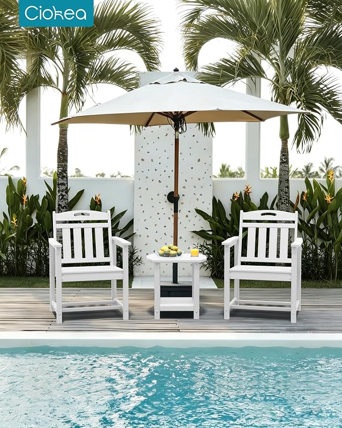 Ciokea HDPE Outdoor Patio Dining Chairs Set of 2, All-Weather Porch Chair with Wide Seat, Durable Outdoor Furniture for Backyard, Garden, Lawn & Poolside, White