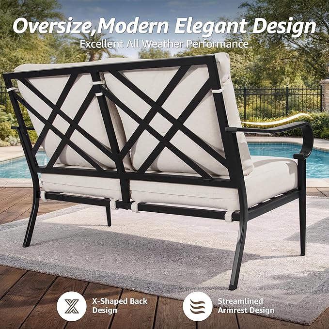 NATURAL EXPRESSIONS 4 Piece Patio Furniture Set, Vintage Metal Outdoor Conversation Set with High Back Rocking Motion Chairs, 5.5" Thick Cushions for Balcony, Porch
