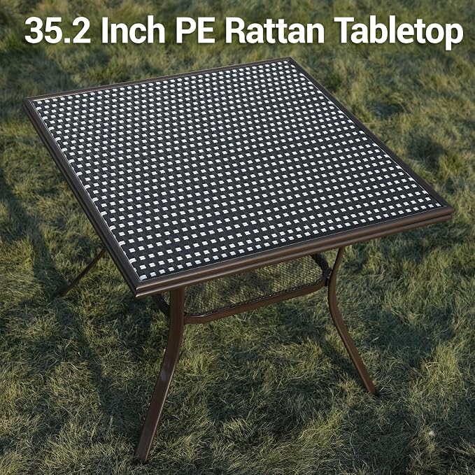 35.2" Square Outdoor Bistro Table, All-Weather PE Rattan Patio Side Table w/Sturdy Metal Frame & Adjustable Foot Pads, Wicker Dining Table for Poolside Backyard Garden Balcony, Black/White