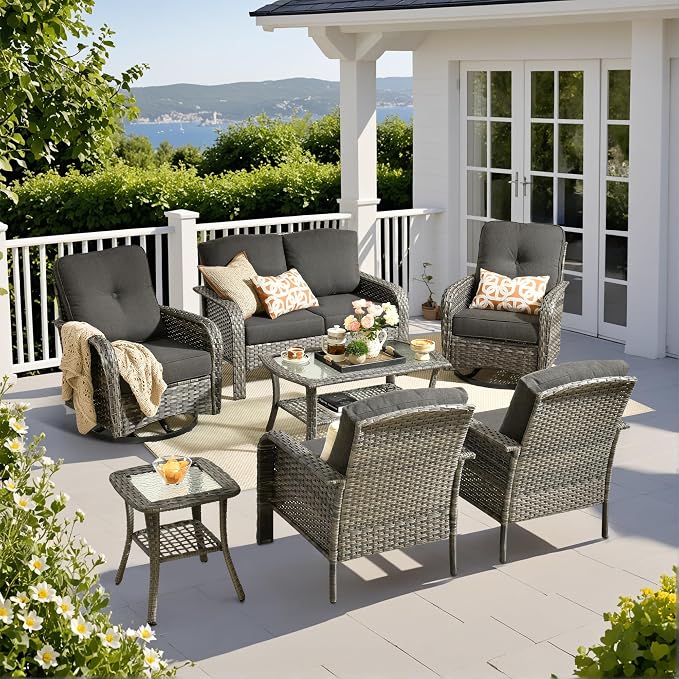 Weaxty Wicker Patio Furniture Set with Swivel Rocker Chairs Outdoor Loveseat Sofa and Rattan Coffee Table, 5 Pieces Outdoor Conversation Sets for Patio Porch Deck Backyard Poolside,Beige