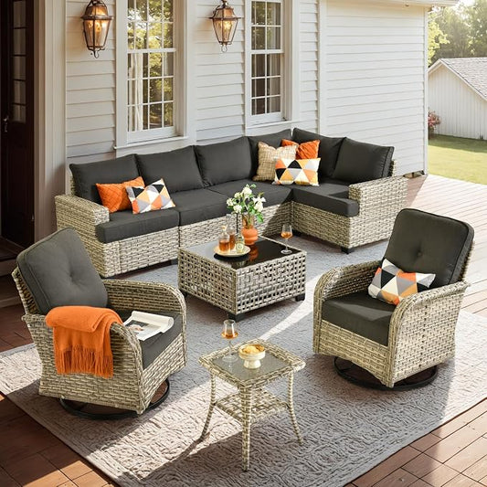 CAODOC 9 Piece Patio Furniture All Weather 7-Seater Outdoor Sectional Sofa with Patio Swivel Chairs and Solar Powered Coffee Table for Porch,Garden,Backyard,Deck(Black)