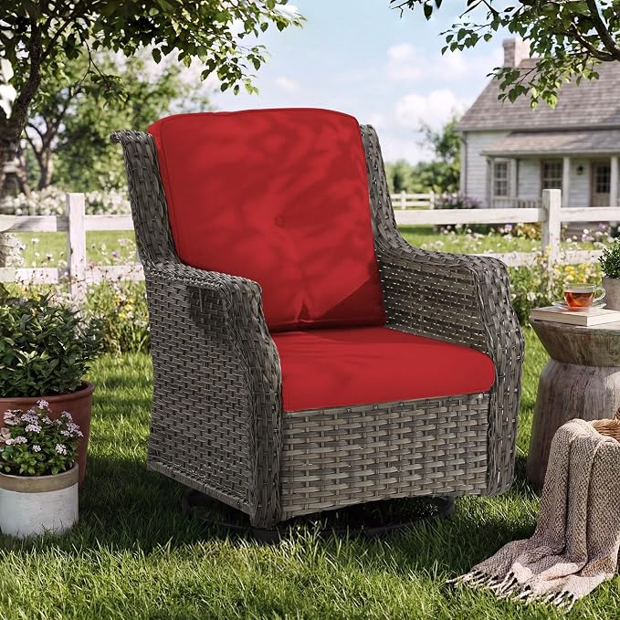 Outdoor Swivel Chair, Patio Rocking Chairs with Ergonomic Wide Armrest and Thick Cushions, Ideal for Backyard, Garden, Poolside,Red