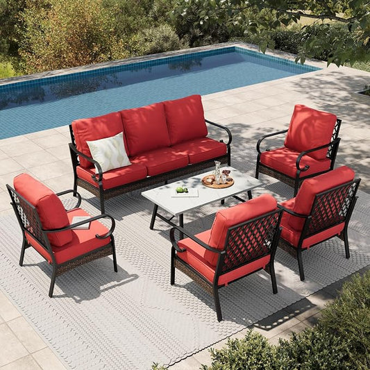 HERA'S HOUSE 6 Piece Metal Patio Furniture Set, All Weather Outdoor Conversation Set with 3-Seat Sofa, 4 Fixed Chairs & Coffee Table, 7 Seats for Backyard, Garden, Deck, Red