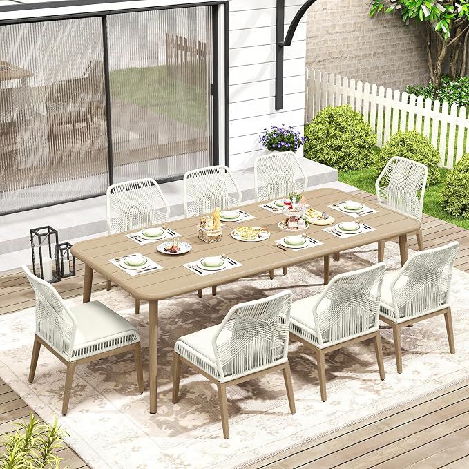 HAPPATIO Outdoor Dining Table for 8, Large Rectangular Aluminum Frame Patio Dining Table, Wood-Like Tabletop with 2" Umbrella Hole for Deck, Backyard, Lawn, Garden