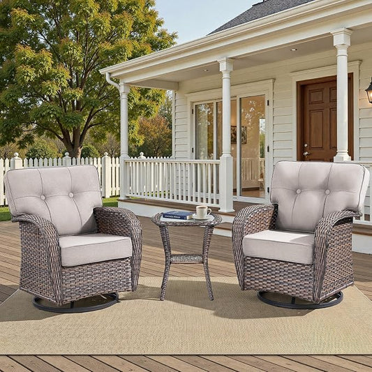 3-Piece Wicker Patio Furniture Set with 5-Inch Thick Cushions Weather Resistant Rattan High Back Swivel Rocker Chairs Senior Friendly Conversation Set for Small Porch Deck Sunroom Brown/Beig