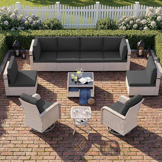 Patio Furniture Set, 10-Piece Outdoor Sectional Sofa with Swivel Rocker Chairs & 2-Layer Glass Coffee Table, Wicker Patio Conversation Set with Black Cushions