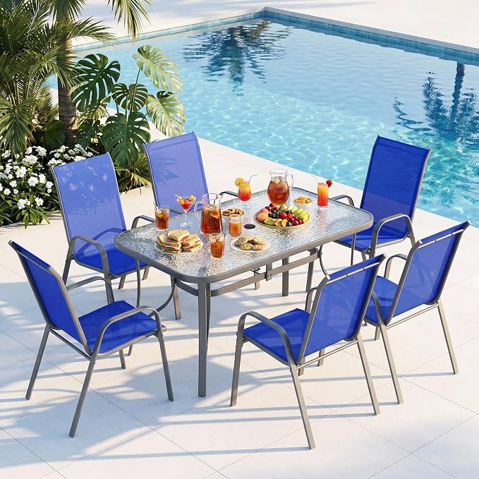 Arlopu 7-Piece Outdoor Table and Chairs for 6, Outdoor Dining Set W/Rectangle Glass Table and 6 Patio Textilene Stackable Chairs, Patio Furniture Set W/Umbrella Hole (Grey Table & Navy Blue Chair)