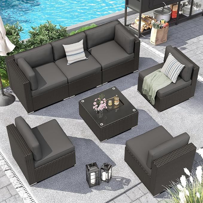 Incbruce 7-Piece Patio Furniture Set, All-Weather Conversation Set, PE Wicker Rattan Outdoor Sectional Couch with Glasstop Table and Removable Cushions (Grey)