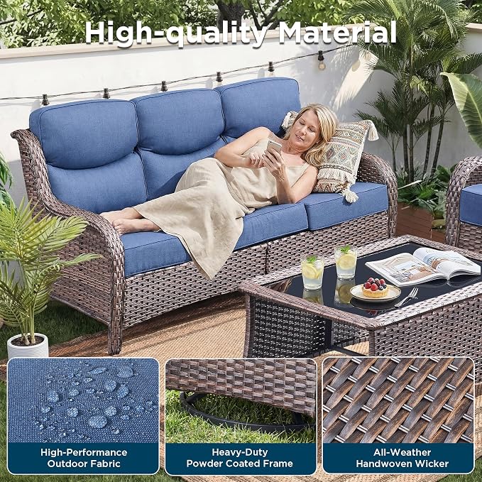 Luxury 5 Piece Patio Furniture Set-All Weather Outdoor Swivel Rocker Chairs with 6" Thick Cushions Multifunctional Ottoman Rattan Patio Conversation Sets for Porch Deck Garden Backyard(Brown/Blue)