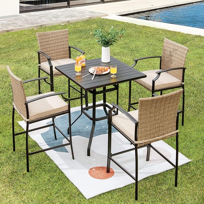 Tangkula Patio Bar Height Table, 32 Inch Outdoor Steel Square Bar Table, Bistro High Top Table W/Powder-Coated Tabletop, Solid Metal Frame, Ideal for Backyard, Poolside, Garden (Black)