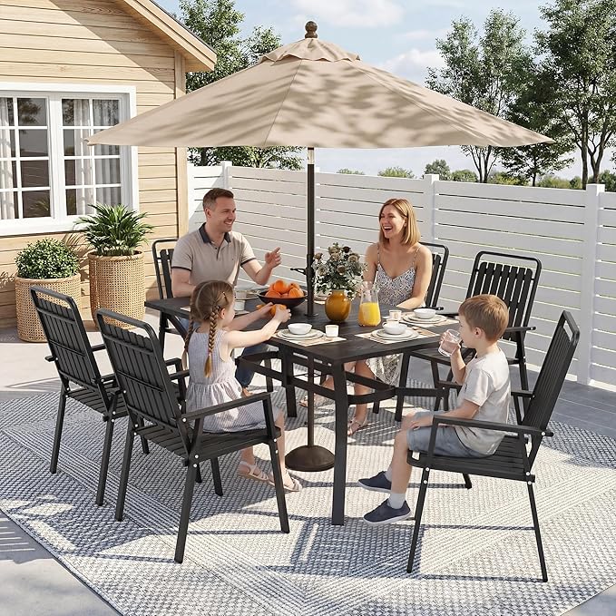 63'' Outdoor Dining Table for 6, Black Metal Patio Dining Table with 1.97'' Umbrella Hole,Anti-Rust Waterproof Square Table for Porch Deck Poolside Garden Backyard