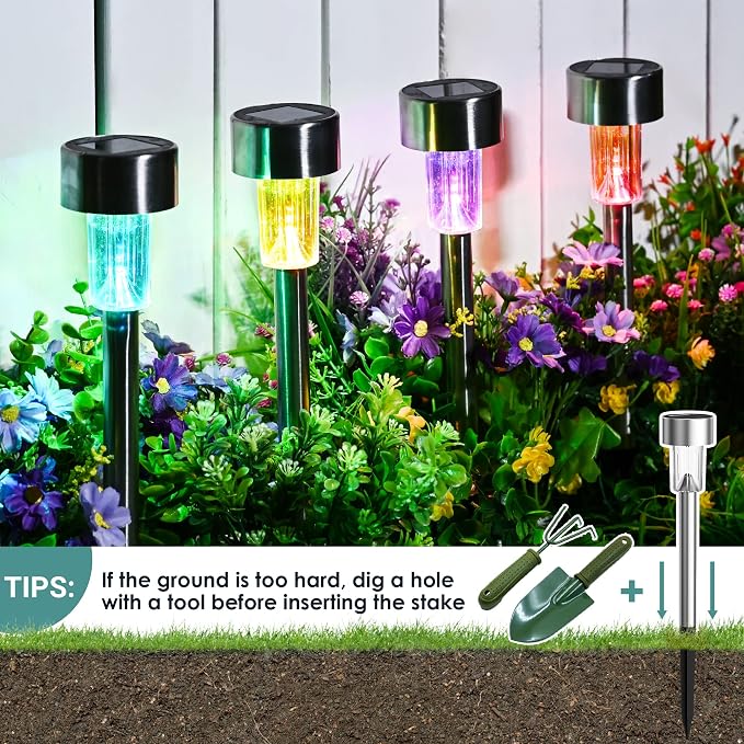 GIGALUMI Outdoor Waterproof Multicolor Solar Garden Lights, 12 Pack | Stainless Steel LED, Color-Changing Glow, Ideal for Patio Lawn Yard Landscape, Garden & Patio Decor