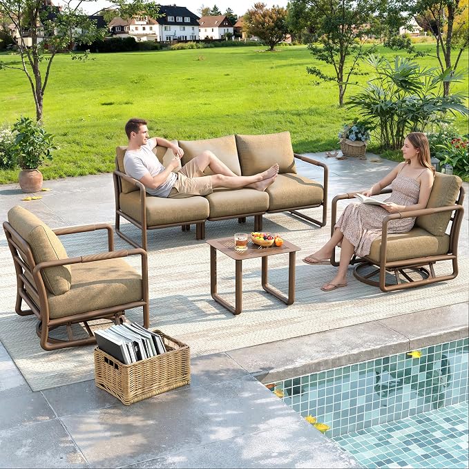 5-Seat Outdoor Aluminum Patio Set with Coffee Tables & 2 Swivel Rocking Chairs, All-Weather Conversation Sofa for Balcony, Garden (Brown)