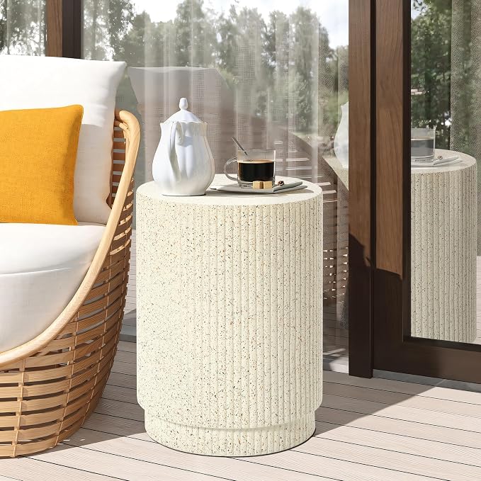 LuxenHome Cream Cement Round Outdoor Side Table, End Tables for Patio, Garden Small Accent Decorative Stool, Plant Stand Drum Table Indoor and Outdoor