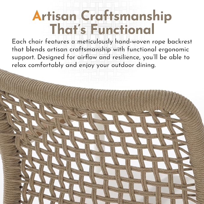 Modern Shade Riviera Outdoor Dining Chairs Set of 6, Fade Resistant, All-Aluminum Woven Rope Outdoor Chairs with FSC Teak Wood Armrests, Weather-Resistant Patio Chair with Quick Dry Cushion, Beige