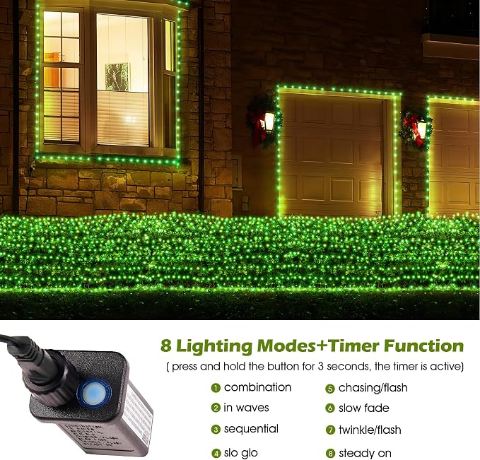 BlcTec Outdoor Christmas Lights 200 LED 8.4ft x 5.2ft Christmas Net Lights with 8 Modes, UL Certified, Timer, Connectable, Waterproof for Trees, Bushes, Shrubs, Yard Outdoor Xmas Decorations, Green