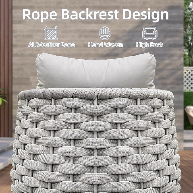 TWT 3 Piece Patio Furniture Set, Gray Woven Rope Conversation Set with Washable Cushions (Textilene Light Grey Rope w/Light Grey Cushion, 5pcs 4 Armchair+Table)