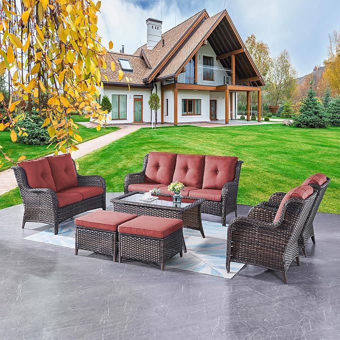 Outdoor Patio Furniture Sofa Set - 7 Piece Rattan Wicker Patio Sectional Conversation Sets with 1 Sofa,1 Loveseat,1 Coffee Table,2 Armrest Chairs and 2 Ottomans for Porch Deck Garden(Brown/Red)