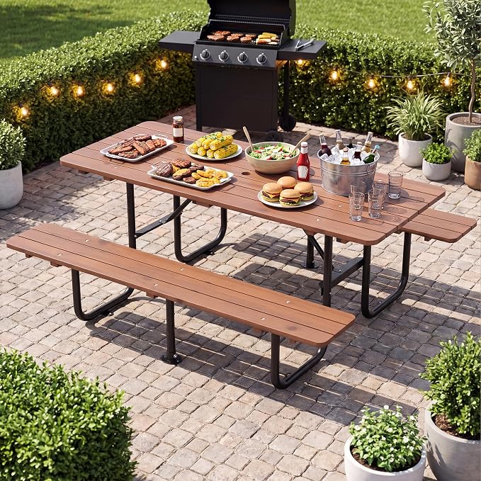 72 Inch Rectangular Outdoor Picnic Table for 6 Person, Heavy Duty Wooden Dining Set with Built-in Benches, 1.97 Inch Umbrella Hole, Waterproof and Corrosion Resistant
