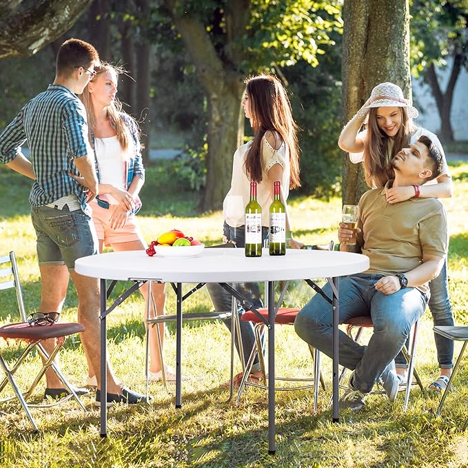 48 Inch Round Folding Table, Heavy Duty Folding 4FT Plastic Table for Outdoor Indoor, Metal Frame Thick Table Top Camping Picnic Table, White (48 inch)