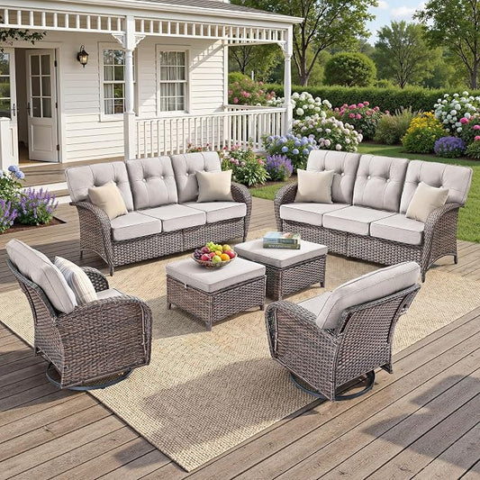 Patio Furniture Set, 6PCS Outdoor Wicker Conversation Set with 5" Thick Cushions, High Back Rattan Sofa & Swivel Rocker Chairs, Weather Resistant Olefin Fabric for Garden, Poolside Brown/Beige